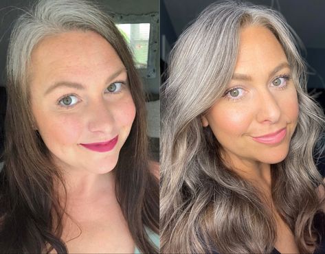 Natural silver hair grow out Natural Silver Hair, Grey Blending, Grey Hair Journey, Grey Hair With Bangs, Gray Balayage, Grey Hair Don't Care, Graduated Bob Haircuts, Graduated Bob, Mom Hair