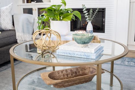 Styling A Round Coffee Table, How To Style A Round Coffee Table, Oval Coffee Table Decor, Circle Coffee Table Decor, Glass Gold Table, Glass Coffee Table Styling, Nashville Living, Glass Coffee Table Decor, Round Coffee Table Decor