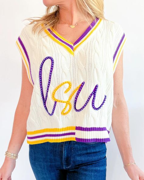 Can you guess what our most searched term this month was?? IT WAS LSU!! 🐅💜 We picked a couple best selling gameday looks to keep you looking FRESH for that next Gameday!! 💜🏈🌟 #swoonneworleans #taptoshop #lsugameday V Neck Sweater Vest, Geaux Tigers, Midi Dress Formal, Pearl Details, Mini Cocktail Dress, Sleeveless Vest, Game Show, School Spirit, Gold Pearl