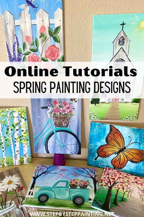 Spring Paintings On Canvas Diy, Easy Spring Acrylic Painting Ideas, Spring Paint Party Ideas, Diy Easter Paintings On Canvas, Spring Paint Night Ideas, Easy Spring Painting Ideas On Canvas, Spring Paintings On Canvas, Spring Paint Night, Canvas Painting Party Ideas For Adults