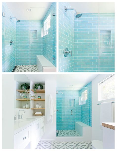 Turquoise Subway Tile Bathroom, Teal Shower Tile Bathroom, Turquoise Shower Tile, Tiling Shower Walls, Turquoise Tile Bathroom, Light Blue Shower Tile, Blue Subway Tile Bathroom, Coastal Tiles, Herringbone Shower Wall