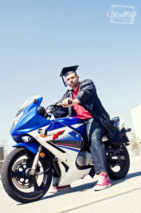 college grad senior photoshoot motorcycle  www.crookedphotography.com Senior Picture Motorcycle, Senior Picture Ideas For Guys Motorcycle, Motorcycle Graduation Pictures, Senior Pictures With Motorcycle, Motorcycle Senior Pictures, Motorbike Photoshoot, Photoshoot Motorcycle, Ninja Motorcycle, Guy Poses