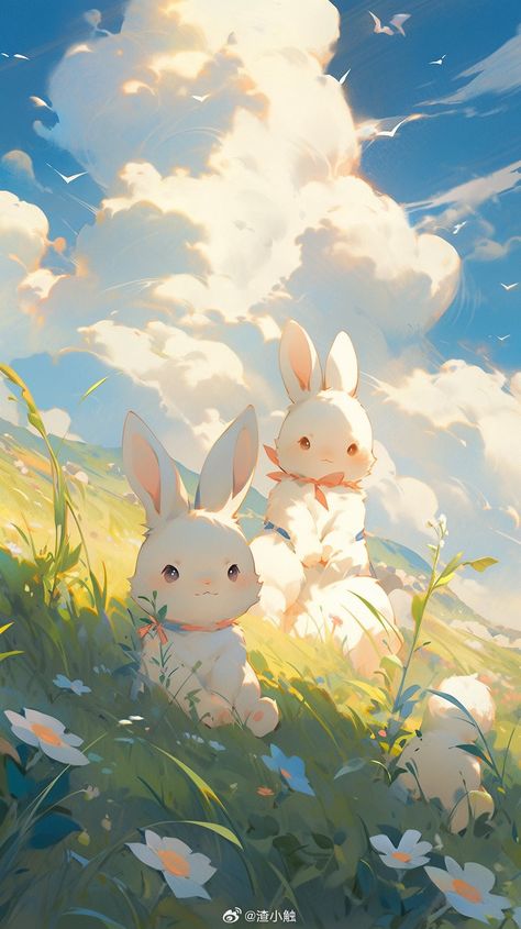 Cute Bunny Art Wallpaper, Cute Wallpapers Bunny, Chibi Backgrounds, Cute Bunny Wallpaper, 동화 삽화, Dreamy Artwork, Anime Illustration, 3 Logo, Bunny Wallpaper