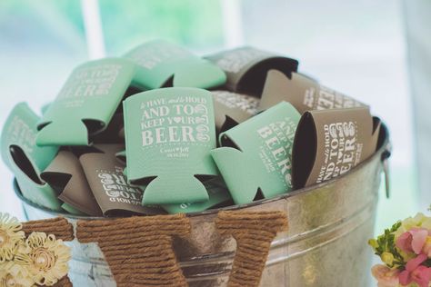 Wedding Koozie Display, Koozie Display, Wedding Reception At Home, Personalized Koozies, To Have And To Hold, Wedding Koozies, Wedding Display, Wedding Date, Dry Hands