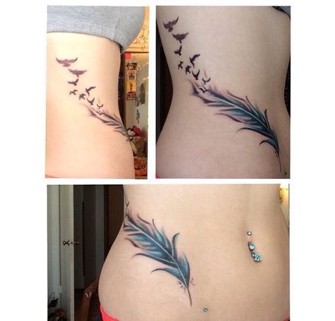 Floral Feathers Tattoo, Feather Tattoos On Chest, Feather Tattoo On Chest For Women, Feather To Birds Tattoo, Feather Tattoo With Birds, Feather Tattoos Underboob, Feather Underboob Tattoo, Feather Tattoos On Stomach, Feather Tattoo Cover Up Before And After