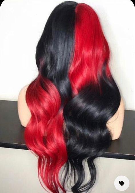 Four Way Split Dyed Hair, Red Outfit Accessories, Black Hair With Fashion Colors, Dyed Hair For Brunettes Red, Black Colorful Hair, Unique Ombre Hair Color Ideas, Avatar Inspired Hair, Red And Black Hair Color Ideas, Black And Red Hair Ideas