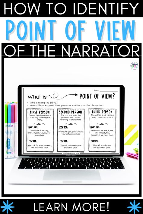 Teaching your 4th-grade students how to identify the narrator's point of view is much easier if you give them the right tools & reading activities. Begin with an anchor chart that helps them understand the 1st, 2nd, & 3rd person points of view. With a highlighter in hand, your students can find the pronouns that identify the correct one. Next, you will help them find the point of view by looking for how the character feels about the topic or story. Want to know more? Click here to see th 1st Person Point Of View, Point Of View Anchor Chart, 4th Grade Reading Worksheets, English Subject, Introduction Activities, Close Reading Strategies, Upper Elementary Reading, Reading Response Activities, Classroom Organization Elementary