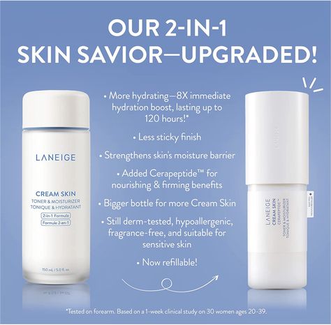 I didn't think this could get any better! Serious hydration and it has definitely improved my skins firmness. Amazon affiliate link ;-) Laneige Cream Skin Refiner, Laneige Cream Skin, Milky Toner, Moisturizer For Sensitive Skin, Moisturizing Toner, Summer Skincare, Skin Toner, Amino Acid, Facial Toner