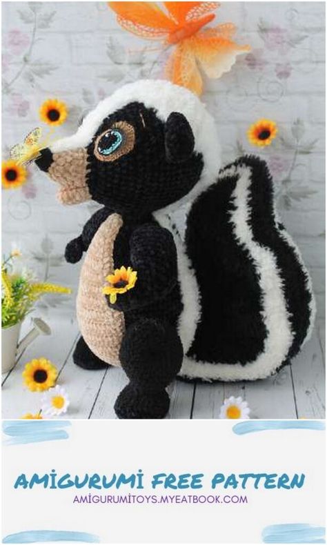 Crochet Skunk, Crochet Doll Clothes Free Pattern, Crocheted Animals, Crochet Toys Free, Easy Crochet Animals, Crochet Disney, Crochet Cat Pattern, Crochet Sweaters, Crochet Cow