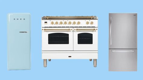 Your Kitchen Appliances Do Not Have to Match | Architectural Digest Mixed Appliances In Kitchen, Mixing Metals In Kitchen, Mixed Metal Kitchen, Smeg Refrigerator, White Kitchen Appliances, Kitchen Finishes, Bottom Freezer Refrigerator, Kitchen Magic, White Appliances