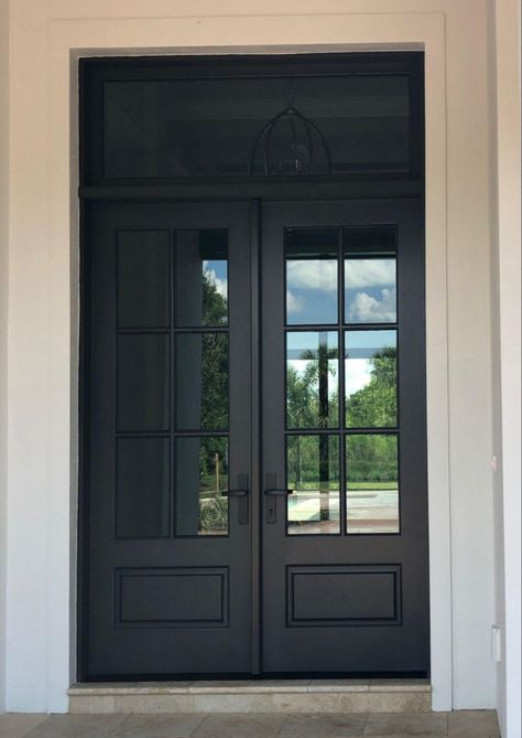 Solid Doors Entrance, Dark Stain Front Door, Exterior Door With Transom Window, Half Glass Double Front Door, Front Door With Transom Above, Koto Cabin, Transitional Front Porch, Double Door With Transom, Black Double Doors