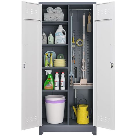 PRICES MAY VARY. 【DURABLE CONSTRUCTION】The broom storage cabinet is made of pure steel material, sturdy and durable. The cleaning supplies cabinet surface powder coating is waterproof and scratch-resistant, easy to clean, avoids corrosion and rust, and lasts longer than wooden lockers. This ensures that your items are safely stored and protected for a long time. 【MULTI-PURPOSE】The broom closet cabinet can store different items such as mops, brooms, fishing rods, towels, clothes, documents, etc. Cleaning Supplies Cabinet, Broom Closet Ideas, Broom Storage Cabinet, Broom Closet Cabinet, Laundry Room Closet Storage, Garage Redo, Closet Storage Cabinets, Mop Storage, Broom Storage