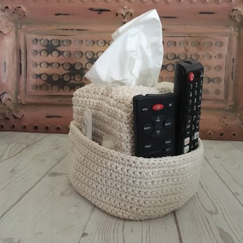 "A tissue box organizer will be so useful in so many rooms in the housefrom the bathroom, a baby nursery, bedside table (great place for glasses and phone) to use for craft supplies. This listing is for tissue box cover organizer. Any items displayed in it are not Fits a box of tissues that are 4 1/2\" x 5\". Made to orderThis can be made in other colors. Just message me and let me know that colors, and I'll see what I can do. More items for the home... https://www.etsy.com/shop/TheCrochetShoppe Crochet For Living Room, Tissue Holder Crochet, Crochet Tissue Box Cover Free Pattern, Bedside Organizer Crochet Pattern, Crocheted Tissue Box Covers, Crochet Couch Tissue Box Cover Free Pattern, Cute Crochet Tissue Box Cover, Sweater Knitting Tutorial, Kimono Pattern Free