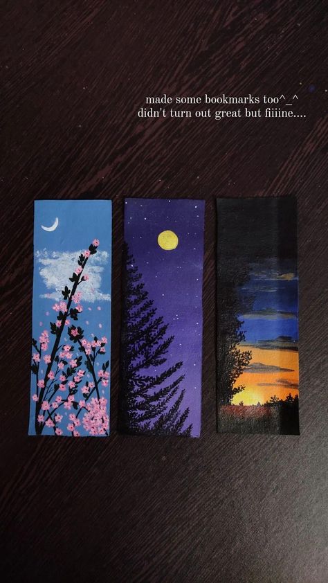 Bookmarks of cherry blossoms, pine night & sunset Book Mark Painting, Aesthetic Bookmarks, Forever Song, Drawing Sunset, School Art Activities, Night Sunset, Handmade Bookmarks Diy, Handmade Bookmarks, Art Painting Tools