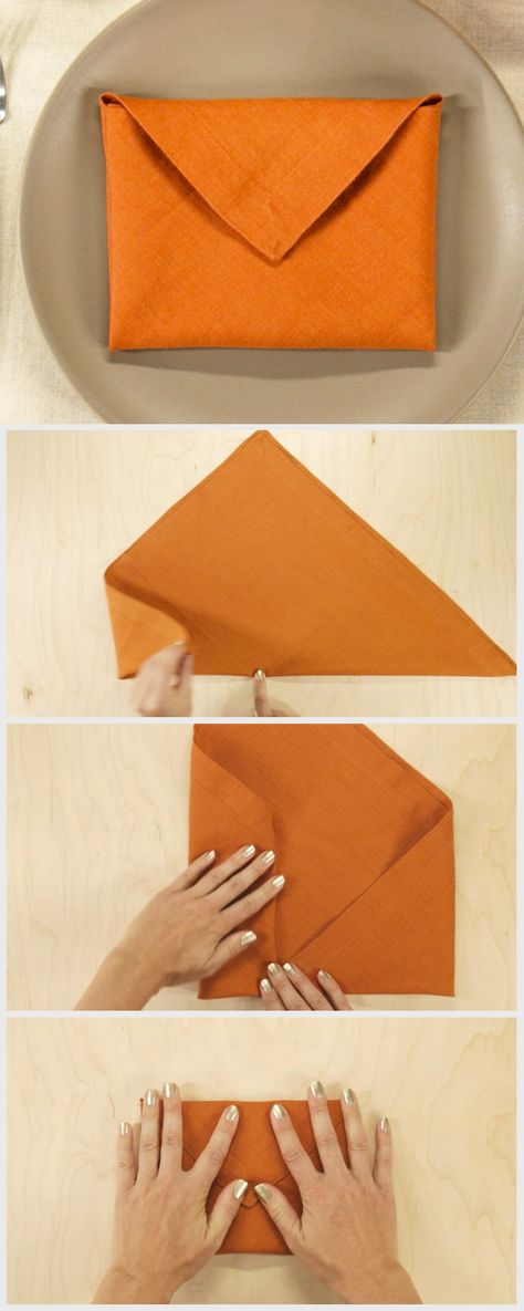 The envelope napkin fold is a simple and elegant addition to a table setting that allows you to add a note or menu. Napkin Envelope Fold, Easy Folding Napkins Simple, Cute Napkin Folds Easy, How To Fold A Dinner Napkin, Envelope Napkin Fold, Easy Napkin Fold, Simple Napkin Folding Ideas, Dining Tablescapes, Napkin Origami