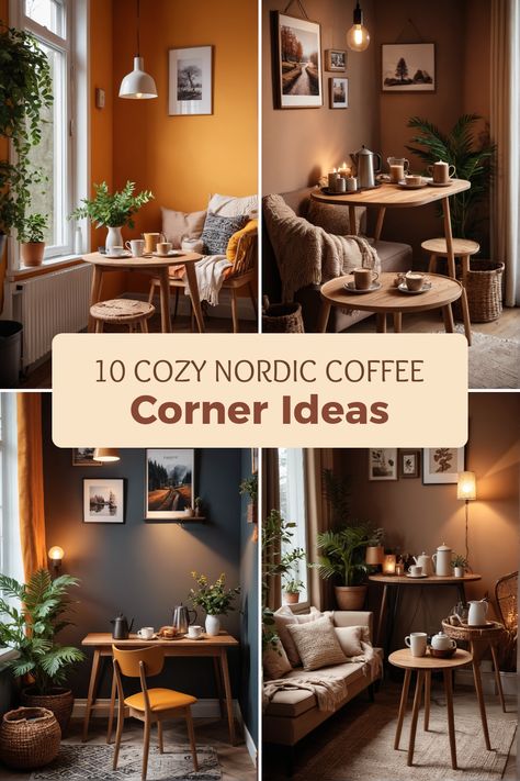 Explore these stunning, cozy Nordic style coffee corner ideas showcasing plants and warm accents, designed to inspire you'll adore. Featuring a mix of 4 unique images highlighting plants, furniture, and cold-weather textiles. Cozy Coffee Corner, Coffee Corner Ideas, Sleek Chairs, Coffee Corners, Nook Inspiration, Cozy Textiles, Corner Ideas, Rustic Wooden Table, Yellow Chair