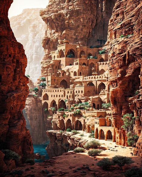 Ancient Cities Concept, Middle Eastern Cities, Fantasy Mediterranean City, Desert Village Fantasy Art, Desert Fantasy City, Desert Kingdom Fantasy Art, Desert City Fantasy Art, Ancient City Concept Art, Fantasy Desert City