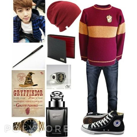 BTS in Hogwarts: Jin Gryffindor Gryffindor Aesthetic Outfit, Gryffindor Outfits, Gryffindor Outfit, Gryffindor Aesthetic, Aesthetic Outfits Men, Polyvore Outfits, Aesthetic Clothes, Hogwarts, Outfit Ideas