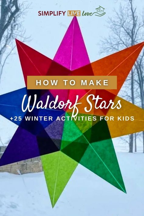 If you’re looking for winter activities for your Waldorf Homeschool, these Waldorf Stars are for you! Gorgeous and easy – they also help birds from dive bombing into your windows. Every year, we celebrate the winter solstice with a Waldorf Solstice Spiral. It’s a beautiful, solemn way to welcome the light back and to learn a bit about the winter solstice. We enjoy adding natural Waldorf Activities to our daily routine, so learning how to make these easy Waldorf stars was right up our alley. Winter Nature Table Waldorf, Preschool Winter Solstice Activities, Waldorf Festivals Calendar, Steiner Christmas Craft, Winter Solstice Crafts For Toddlers, Winter Solstice Crafts For Preschool, Waldorf Stars Window, Waldorf School Activities, New Years Day Activities For Kids