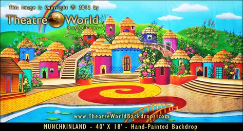 Munchkinland- This backdrop takes your audience directly to Muchkinland. Great for both stage shows and themed events, this backdrop sums up everything your audience identifies with one of Oz's most popular groups of characters. Wizard Of Oz Play, Munchkin Land, Wizard Of Oz Musical, Teacher Appreciation Themes, Theatre Backdrops, Witches Castle, Harvest Fest, Land Of Oz, Stage Backdrop