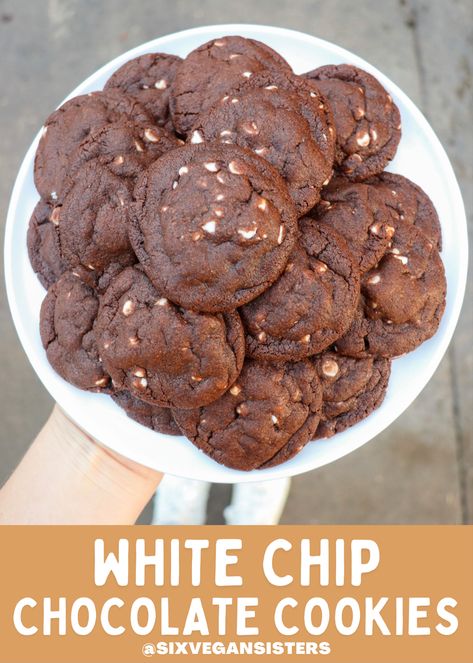 These soft and chewy chocolate cookies are loaded with vegan white chocolate chips for a perfectly sweet and rich flavor. #recipe #vegan #veganrecipes #veganrecipeshare #cookies #cookierecipe #vegancookies #sixvegansisters Vegan White Chocolate Chip Cookies, Vegan Chewy Cookies, Six Vegan Sisters, Allergy Free Baking, White Chocolate Chip Cookies Recipes, Vegan Chocolate Cookies, Desserts With Chocolate Chips, Dessert Recipes Cookies, 2023 Recipes