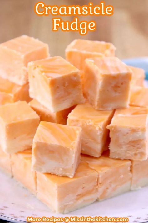 Creamsicle Fudge is one of our favorite treats for the holidays. A nostalgic flavor that everyone loves and makes a fantastic homemade gift for any occasion. Orange Creamsicle Dessert, Creamsicle Fudge Recipe, Creamsicle Dessert, Orange Creamsicle Fudge, Creamsicle Fudge, Snickers Fudge, Orange Fudge, Butterscotch Fudge, Fudge Candy