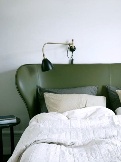 color story: going green. Vintage School Chairs, Best Bedroom Paint Colors, Green Headboard, Bohemian Modern Style, Green Sink, Milk Magazine, Leather Headboard, Green Furniture, Bohemian Modern