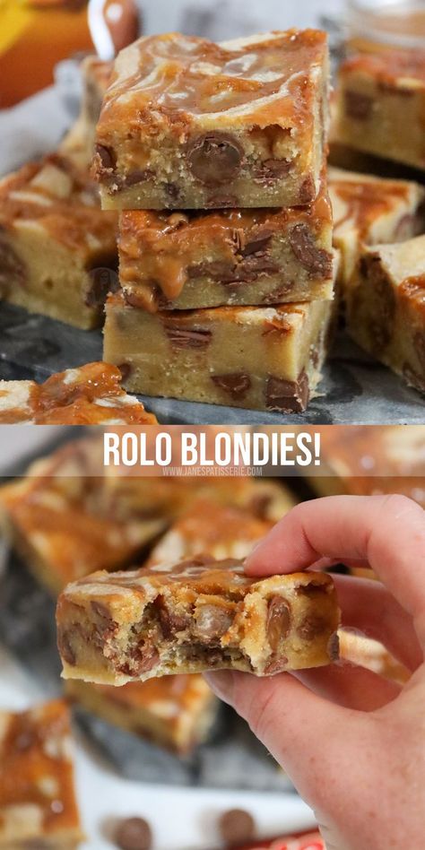 Easy, fudgey and delicious Rolo blondies with a gooey chocolate chip and caramel centres, with Rolo's throughout! Flavored Blondies, Rolo Blondies, Jane Patisserie, Autumn Bakes, Homemade Caramel Recipes, Blondie Recipes, Patty Cakes, Flavored Butter Recipes, Janes Patisserie