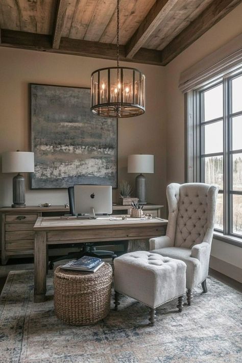 Bring a cozy, rustic feel to your home office with natural wood furniture, industrial lighting, and vintage accessories. Incorporate a wooden desk, leather seating, and metal accents to blend warmth with functionality. Add greenery and earthy tones to complete the look, creating a workspace that’s both practical and inviting. 🪵💡 #RusticHomeOffice #NaturalMaterials #WarmWorkspace Farmhouse Industrial Decor, Cozy Rustic Home, Rustic Home Office, Masculine Home Office, Rustic Home Offices, Industrial Farmhouse Decor, Natural Wood Furniture, Wooden Desk, Metal Accents