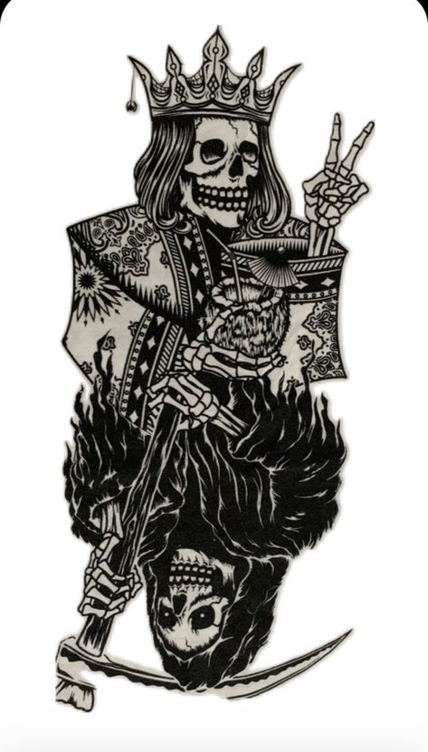 Ink And Quill, Reaper Drawing, Biomechanical Tattoo Design, Devils Rejects, Spade Tattoo, Viking Tattoo Symbol, Dark King, Traditional Tattoo Flash Art, Skeleton King