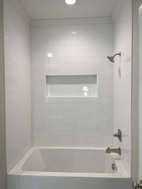 White Tub Shower Combo, Guest Bathroom Tub Tile Ideas, Tile Wall Shower Tub, Tub With Surround, Tub Insert With Tile Surround, White Tub Bathroom Ideas, White Tile Around Bathtub, Tile Shower Bathtub, Coastal Tub Shower Combo