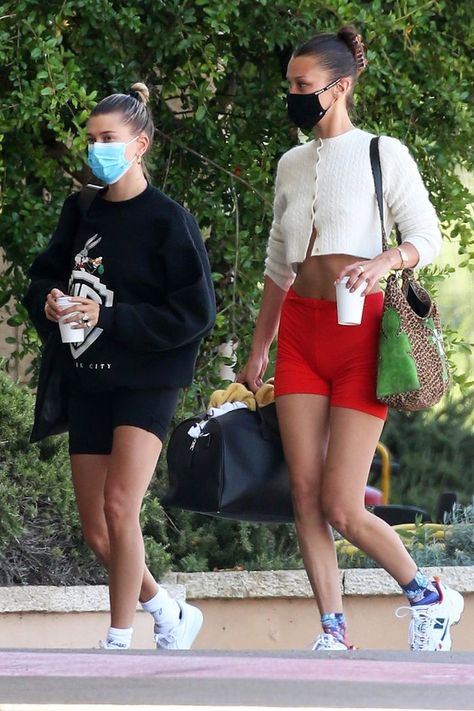 Bella and Hailey Just Landed in Italy in the Coolest Bike-Short Outfits Cardigan Street Style, Bike Shorts Outfit, Models Outfits, Bella Hadid Outfits, Hadid Style, Hailey Baldwin, Celebrity Street Style, Hailey Bieber, Looks Style