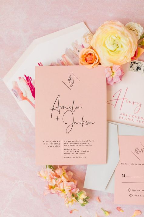 Peach Coral Blush Wedding, Pink Flower Wedding Invitations, Pastel Wedding Invites, Wedding Invitations Pastel, Pink Wedding Invites, Pastel Wedding Invitation, Wedding Invitations Pink, Coral Wedding Decorations, Pink Wedding Stationery