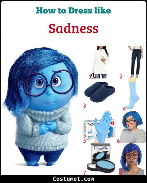 Saddnessfrom Inside Out Costume, Inside Out Family Costume Halloween, Blue Hair Cosplay Characters, Halloween Costume Blue Hair, Blue Haired Characters Halloween, Costumes With Blue Hair, Blue Wig Costume Ideas, Diy Inside Out Costume, Disgust Inside Out Costume