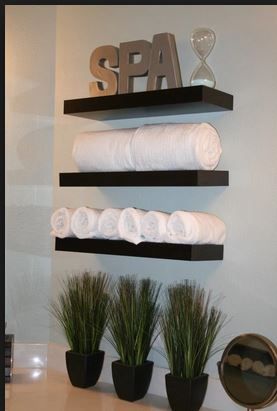 Spa Room Ideas Estheticians, Spa Room Ideas, Massage Room Design, Spa Massage Room, Massage Room Decor, Ikea Floating Shelves, Esthetician Room Decor, Esthetics Room, Spa Room Decor