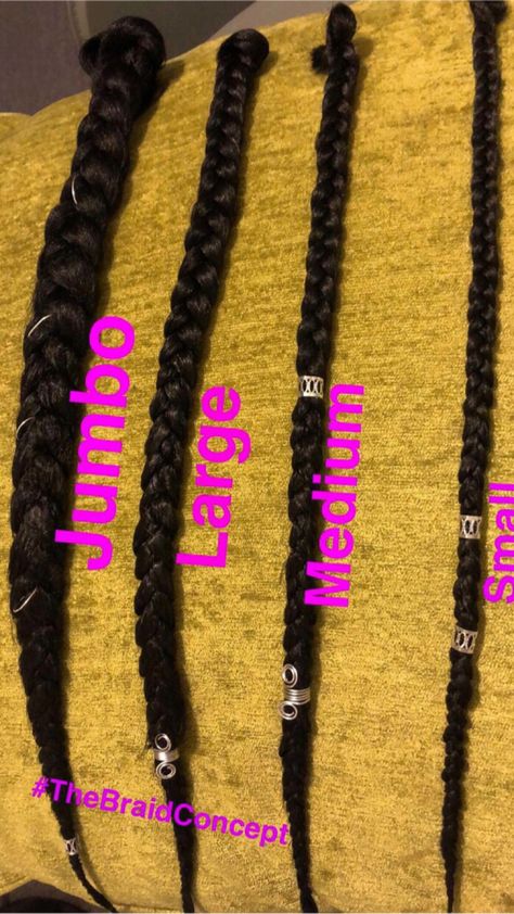 Braid chart  Braids  Jumbo braids  Box braids Braids sizes Jumbo Box Braids Waist Length, Box Braids Sizes Chart, Different Box Braid Sizes, Braid Sizes Chart, Different Kinds Of Box Braids, Different Braid Sizes, 12 Jumbo Box Braids, Different Size Box Braids, Bigger Box Braids