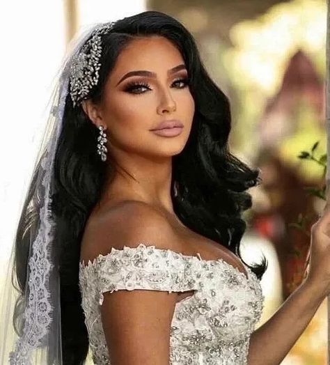 Bride Hair For Off The Shoulder Dress, Bridal Hair And Makeup With Veil, Bride Hair Dark Brown, Glam Bridal Hair With Veil, Long Dark Bridal Hair With Veil, Old Hollywood Wedding Hair With Veil, Bride Veil Hair Down, Old Hollywood Bridal Hair With Veil, Bride Hollywood Waves Veil