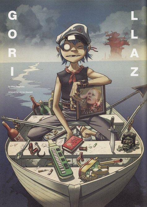 All on plastic beach <3 Murdoc have his cape back so hot and 2D in a boat the picture come from this site Gorillaz (c) Jamie Hewlett and Damon Albarn Gorillaz Wallpaper, 2d Wallpaper, Plastic Beach, Jamie Hewlett, Gorillaz, A Cartoon, Cartoon Character, Water