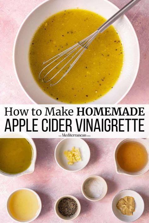 Bold and punchy, this apple cider vinaigrette is quick, easy, & full of flavor and nutrients! Use this homemade dressing on salads, chicken, and more! Apple Cider Vinegrette, Apple Cider Vinaigrette, Vinegar Salad Dressing, Cider Vinaigrette, The Mediterranean Dish, Homemade Apple Cider, Vinaigrette Recipe, Vinegar Uses, Vinegar Dressing