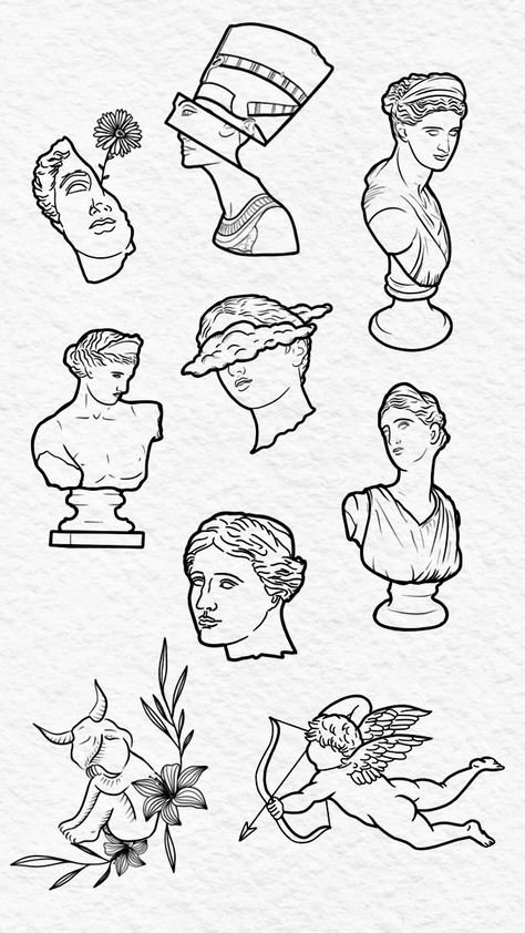 Greek God Patchwork Tattoo, Simple Statue Tattoo, Greek Classics Tattoos, Statue Bust Tattoo, Greek Sculpture Tattoo Design, Greek Statue Tattoo Drawing, Greek Minimalist Tattoo, Roman Statue Drawing, Mythology Embroidery