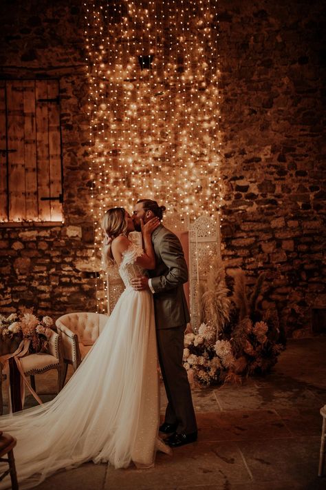 A rustic barn in England is the setting for this über romantic wedding inspiration with the most sparkly dress ever! Fairy Light Backdrops, Off The Shoulder Wedding Dresses, Wedding Scroll, London Bride, Romantic Candlelight, Diy Wedding Backdrop, Romantic Wedding Inspiration, Light Backdrop, Rustic Wedding Inspiration