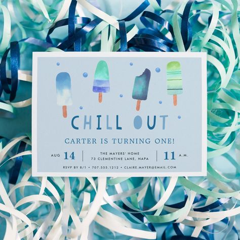 Adorable party invitation's for your little boy's summer birthday party feature watercolor popsicle illustrations in vibrant shades of blue and green, with "chill out" beneath in whimsical cutout lettering. Personalize with your birthday party details beneath on a sky blue background. Cards reverse to solid lagoon blue. Its Cool To Be One Birthday, Popsicle Birthday Party, Dessert Theme, Summer Birthday Invitations, Pop Ice, Ice Cream Theme, 2nd Birthday Party Themes, Summer Birthday Party, Party Pops