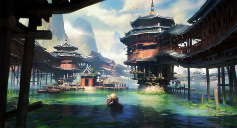 ArtStation - Lake Village, Artur Zima Japan Village, Fantasy Village, Japanese Village, Lake Village, Japanese Water, Asian Architecture, Fantasy City, Fantasy Places, Matte Painting