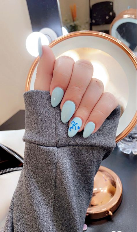 Blue Nails Ideas With Initial, Letter K Nail Design, Nails With Letter And Heart, Letter Nail Designs Initials Blue, Letter K Nails Art Designs, Blue Acrylic Nails With Initials On Them, Initial K On Nails, French Tip With Letter On Ring Finger, Letter Nail Designs Initials Short