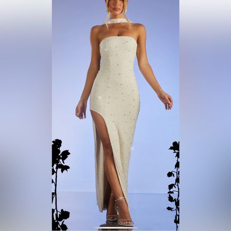 Never Worn! Missed Return Window. New With Tags And Box! Size 6 But Fits Like Size 2-4. Dresses Oh Polly, Triangle Dress, Off White Dress, Blue Halter Dress, Black Sparkly Dress, Satin Bodycon Dress, Strapless Evening Gowns, Oh Polly Dresses, Off White Dresses