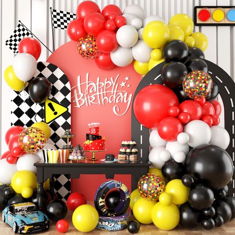 PRICES MAY VARY. ✨【102 Pcs Race Car Balloon Garland kit】This yellow red and black balloon garland kit comes with 109 pcs balloons: matt red balloons(1x18in, 4x12in, 10x10in, 10x5in), matt black balloons(1x18in, 4x12in, 10x10in, 10x5in), matt yellow balloons(4x12in, 10x10in, 10x5in), matt white balloons(4x12in, 10x10in, 10x5in), red yellow and black confetti balloons(4x12in), along with a balloon strip and 2 pcs of balloon dispensing. ✨ 【Premium Materials】Our red and yellow balloons are crafted f Cars Theme Birthday Party Decorations, Yellow Balloon Arch, Balloons White, Red Confetti, Black And White Balloons, Balloons Arch, Car Themed Parties, Race Car Birthday Party, Birthday Bar