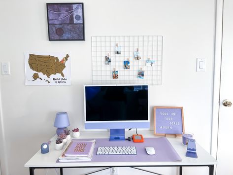 Imac Desk Setup Aesthetic Purple, Purple Imac Desk Setup, Purple Imac, Imac Setup, Imac Desk, Imac Desk Setup, Purple Desk, Study Table Designs, Study Desk Decor