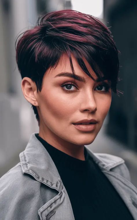 26 Fabulous Hair Color Ideas for Short Dark Hair Black Pixie With Highlights, Fall Hair Color For Pixie Haircut, Pixie Brunette Hair With Highlights, Fall Pixie Cut And Color, Short Black Hair With Blonde Highlights, Dark Pixie Haircut, Pixie Highlights Brunette, Fall Hair Color Short Hair, Short Hair With Eyeglasses