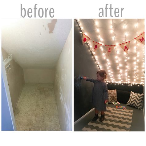 Closet Makeover + Underneath Staircase + Closet Playroom + Chalkboard Walls + Twinkle Lights Stair Closet Playroom, Diy Closet Playroom, Closet Into Playroom, Playroom In Closet, Understairs Room Ideas, Under Staircase Room Ideas, Under Stairs Closet Reading Nook, Play Nook Under Stairs, Closet To Playroom