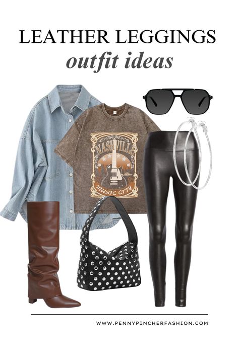 Trendy Street Style Outfits, Penny Pincher Fashion, Edgy Vibes, Leggings Outfit Ideas, Studded Accessories, Leather Leggings Outfit, Graphic Band Tees, Penny Pincher, Chic Outfit Ideas